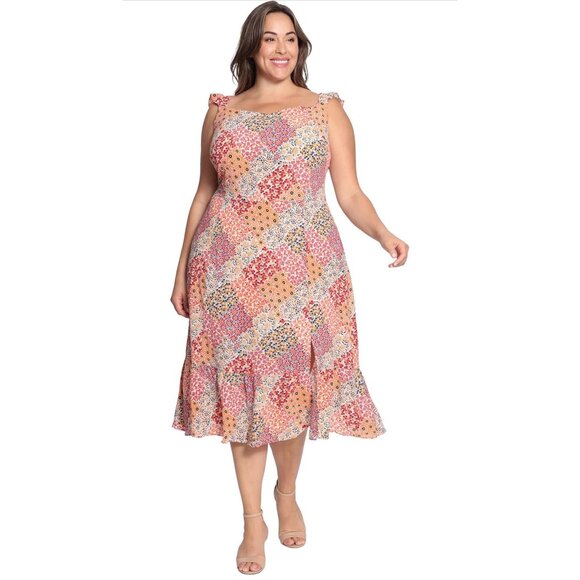 Donna Morgan Women's Sleeveless Ruffle Strap Dress Sz 16W Floral Patchwork Fairy - Picture 15 of 15